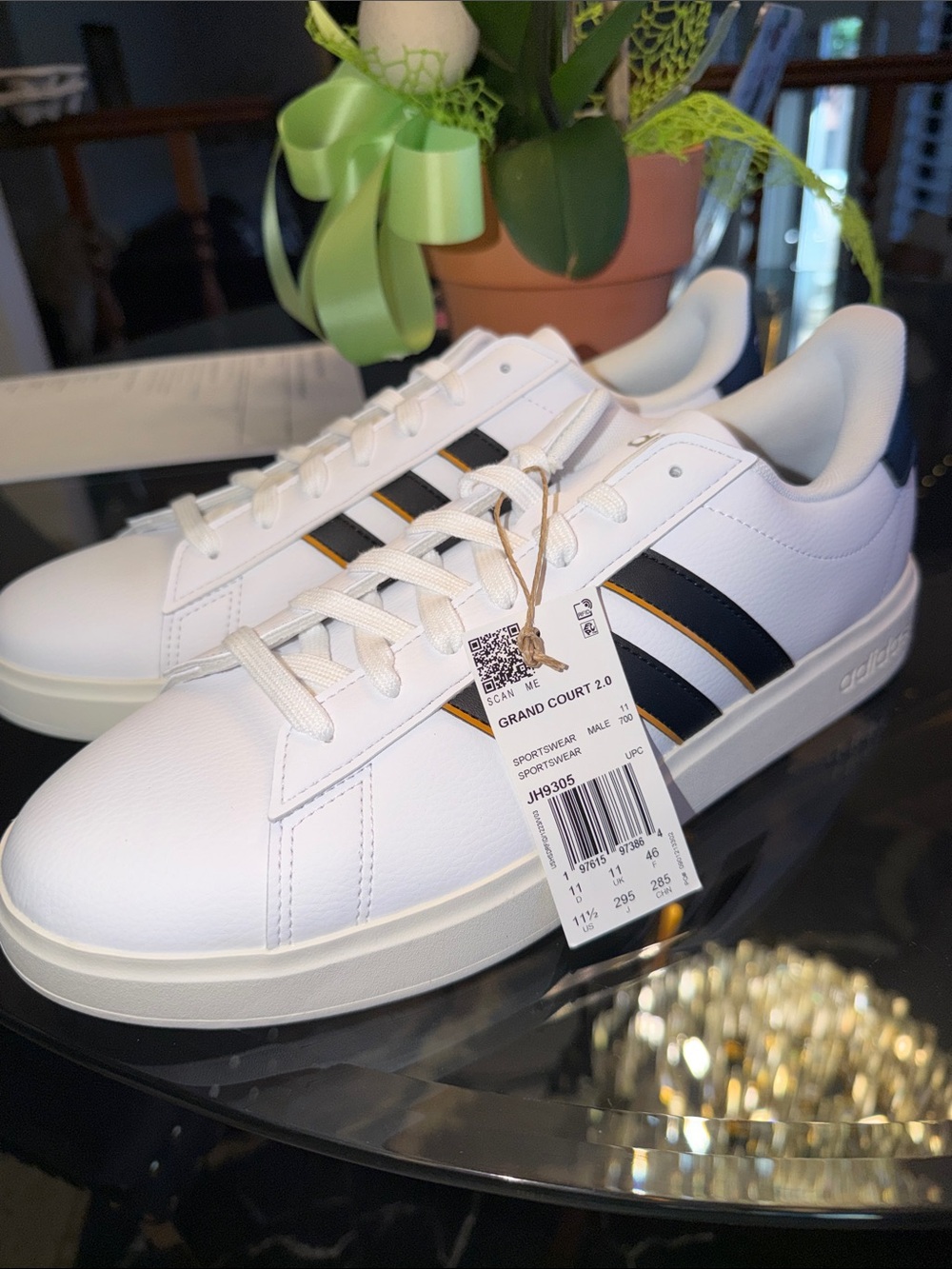 adidas Grand Court 2.0 White Sneakers‎ with Navy and Gold Stripes